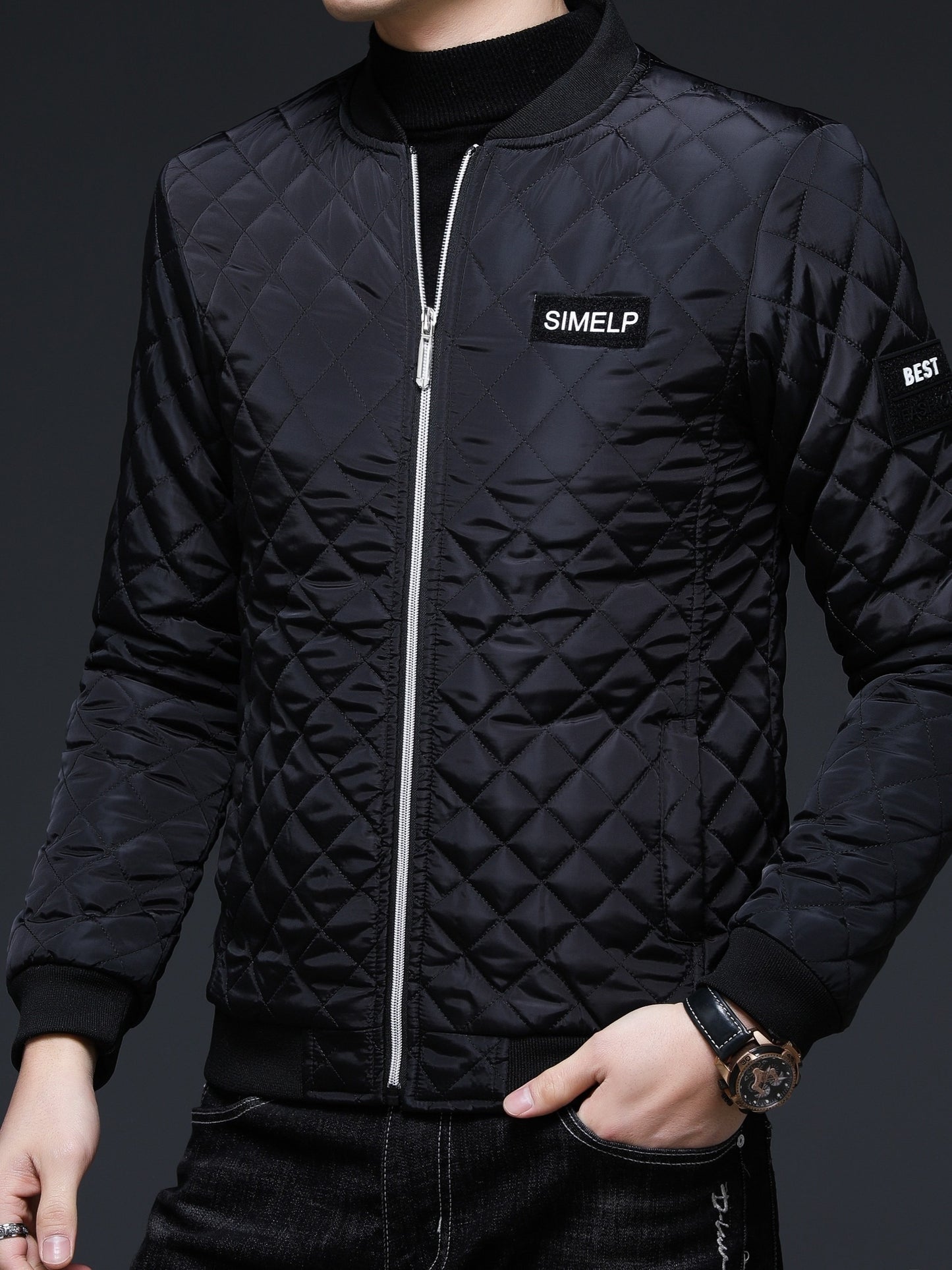Men's Casual Quilted Zip Up Jacket, Chic Baseball Collar Jacket For Fall Winter