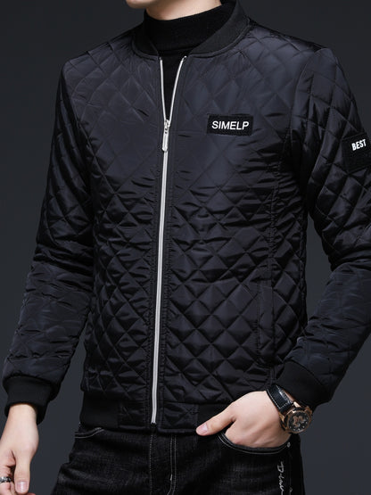 Men's Casual Quilted Zip Up Jacket, Chic Baseball Collar Jacket For Fall Winter