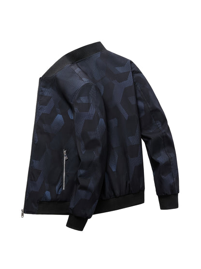 Men'S Camo Baseball Jacket - Full-Body Print Outdoor Sports Coat with Zipper Closure, Regular Fit Casual Preppy Style, Polyester Lining & Non-Stretch Fabric for Spring & Year-Round Wear, Durable Fabric Coat, Active Lifestyle,