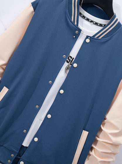 Տղամարդու ամենօրյա բեյսբոլի բաճկոնի և տաբատի հավաքածու - գունային բլոկ, պոլիեսթեր, կոճակներով և գոտու դետալներով՝ գարնանային/աշնանային համար