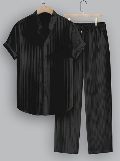 2-Piece Men's Summer Striped Polyester Suit, Short Sleeve Stand Collar Shirt and Drawstring Pants, Non-Stretch Fabric, Suitable for Casual Wear and Beach Vacation, Solid Color
