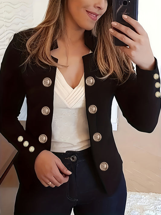Plus Size, Women's Navy Blue Double-Breasted Blazer - Elegant Long Jacket with Button Front Closure, Machine Washable Office & Party Coat for Women, Formal Everyday Chic Outerwear, Spring Fashion, Classic Silhouette, Structur