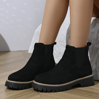 [Durable] Women's Black Ankle Boots - Comfortable Slip-On, Thick Sole, Elastic Side Straps, Round Toe, Casual Street Style, Versatile for All Seasons