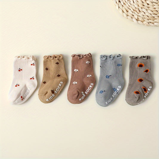 5 Pairs of Baby Girls Solid Color Four Seasons Jacquard Short Socks with Wooden Ears And Glue for Anti-Slip - Ayq