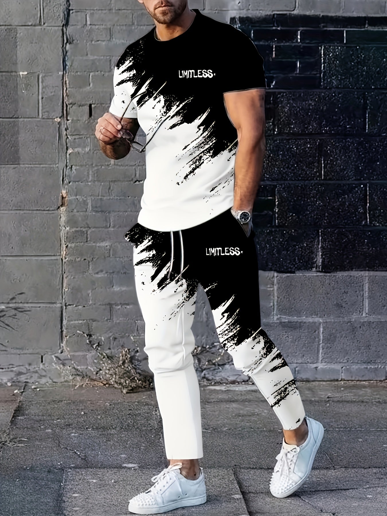 Տղամարդկանց նորաձևության գրադիենտային նախշերով, կլոր վզնոցով, կարճ թևքով մարզաշապիկ և տաբատ, երկու մասից բաղկացած հավաքածու՝ բացօթյա սպորտի համար