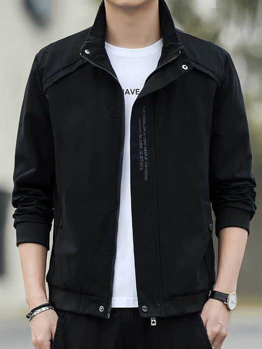 Men'S Casual Windbreaker Jacket with Stand Collar, Embroidered Alphabet Design, Polyester 100%, Woven Fabric, Non-Stretch, Regular Fit, Lightweight Outerwear for Spring/Fall - 145g/m² - ayq