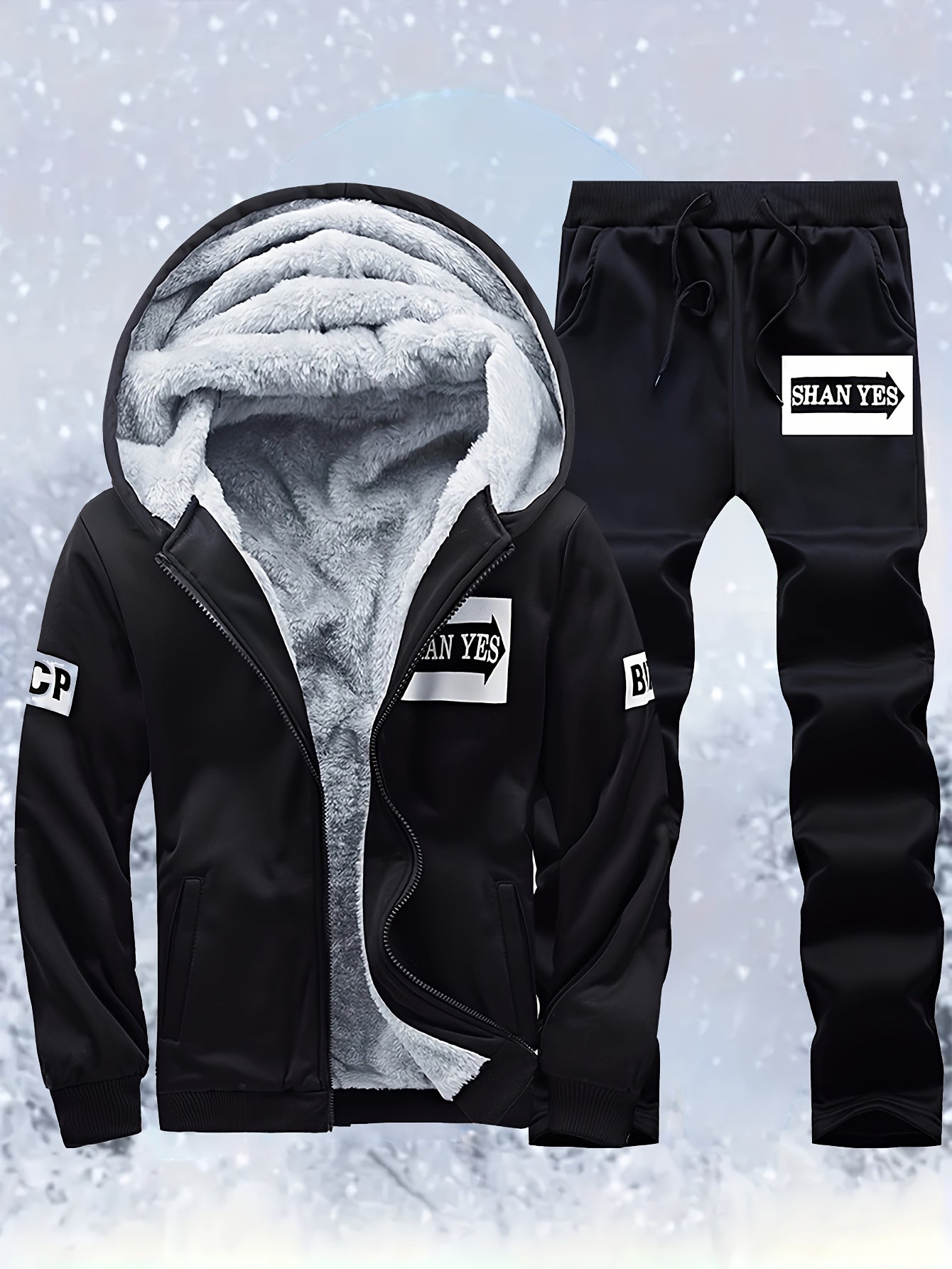 Տղամարդու «SHAN YES» այբուբենի նախշերով, խիտ աստառով, գլխարկով սվիտերի և վազքի համար նախատեսված տաք մարզական հագուստ, աշնանային և ձմեռային։