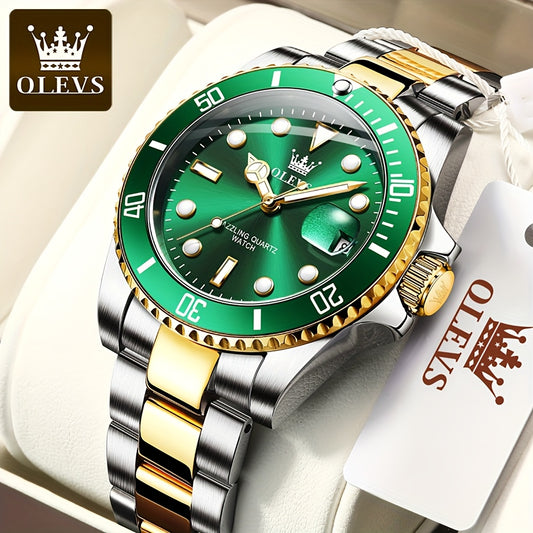 OLEVS Men'S Luxury Quartz Watch - Green Dial, Stainless Steel Band, Luminous Pointer Display, Quartz Movement, Electronic Drive, Zinc Alloy Case, Ideal for Business Casual Wea