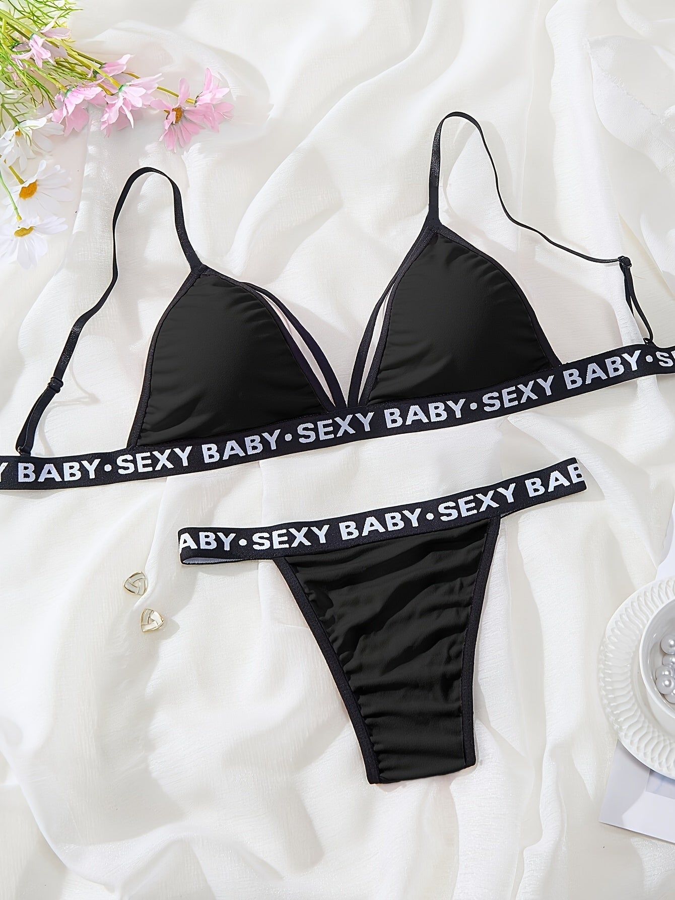 Women's Sexy Backless Lingerie Set, High-Waisted Panties with Alphabet Print, Deep V Strappy Bra, Knit Fabric Underwear for Adults - Ayq