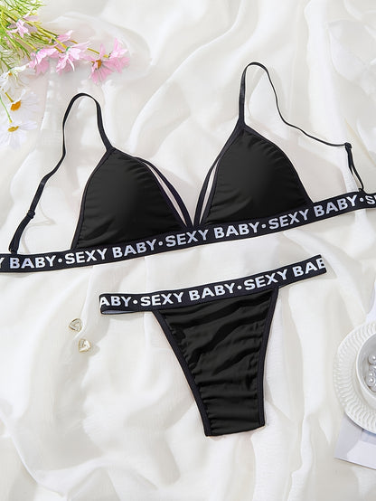 Women's Sexy Backless Lingerie Set, High-Waisted Panties with Alphabet Print, Deep V Strappy Bra, Knit Fabric Underwear for Adults - Ayq