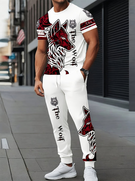 Տղամարդու պոլիեսթերային սպորտային հագուստ | Էլեգանտ և առօրյա կլոր վզնոց՝ գայլի գլխով | Թեթևակի առաձգական գործված ժապավեն՝ 3D տպագրությամբ | 2 հատանոց հավաքածու՝ սովորական ոճով | Նախշավոր կարճ թևքով մարզաշապիկ և տաբատ