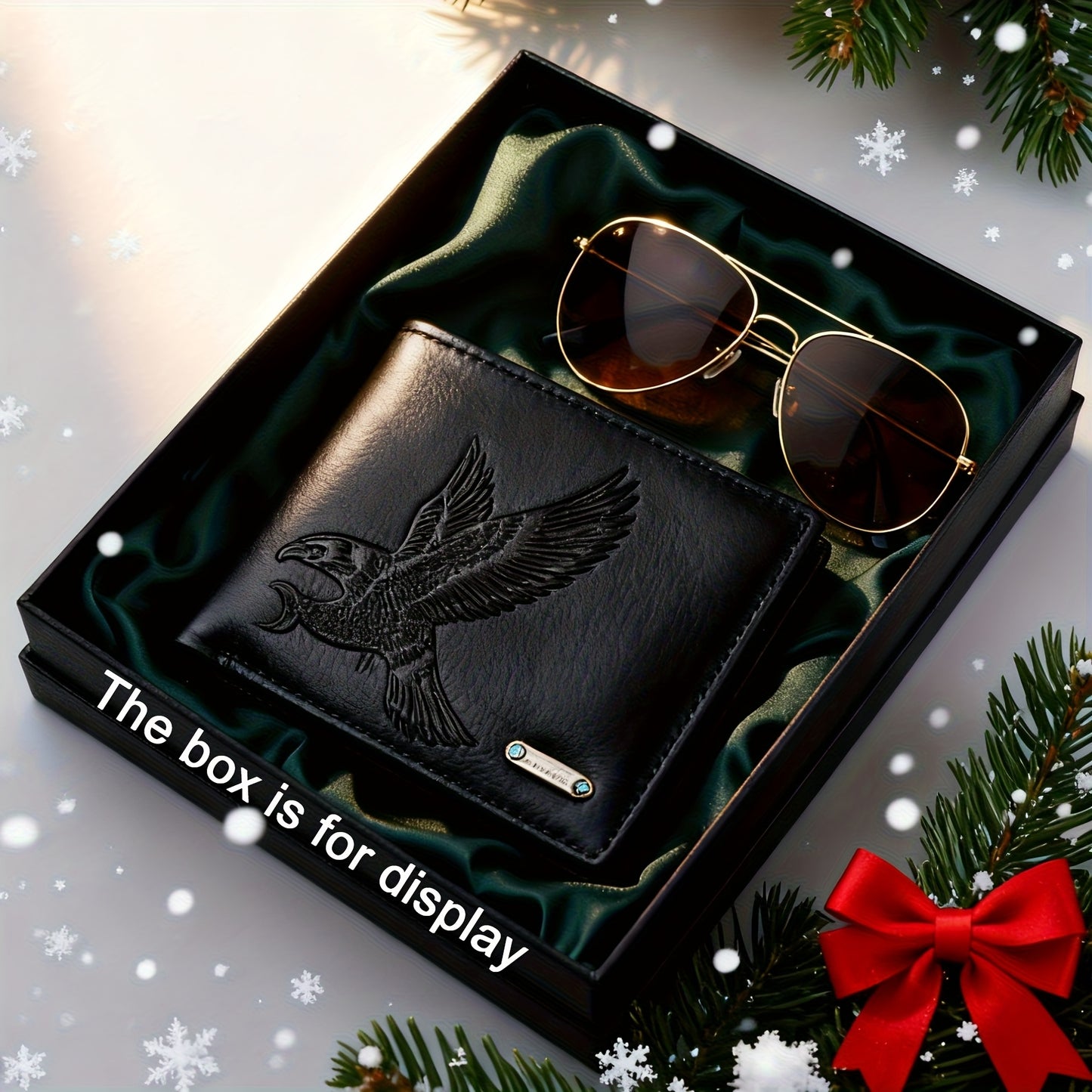 2pcs Men's wallet set with an eagle spreading its wings design, featuring fine embossing and a metal nameplate, paired with stylish glasses to showcase a rugged style, suitable for daily use by mature men or as a holiday gift