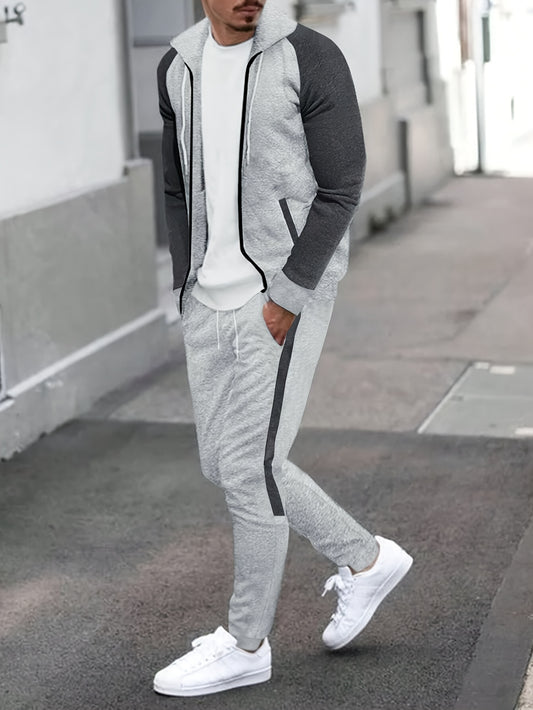 Դասական տղամարդու սպորտային 2 հատ գունային բլոկներով մարզահագուստի հավաքածու՝ առօրյա լիարժեք կայծակաճարմանդով, երկար թևքերով վերնաշապիկով և վազքի տաբատով, մարզասրահի, մարզումների, վազքի համար