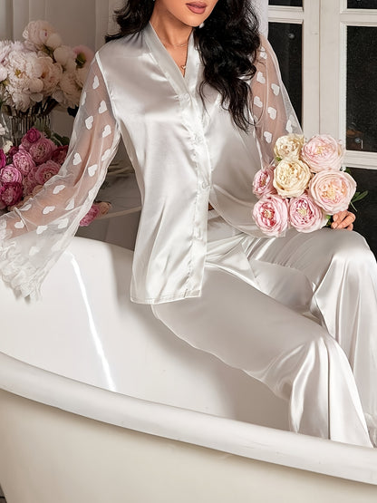 Կանացի եռաչափ ժանյակավոր սրտաձև ցանցով, փայտե ծաղկային թևքերով երկար թևքերով պիժամայի հավաքածու՝ ծալքավոր եզրով, միագույն, բոլոր եղանակների հարմարավետություն, երկար տաբատ, սպագետի ժապավենով օձիք, գրպանի փակում