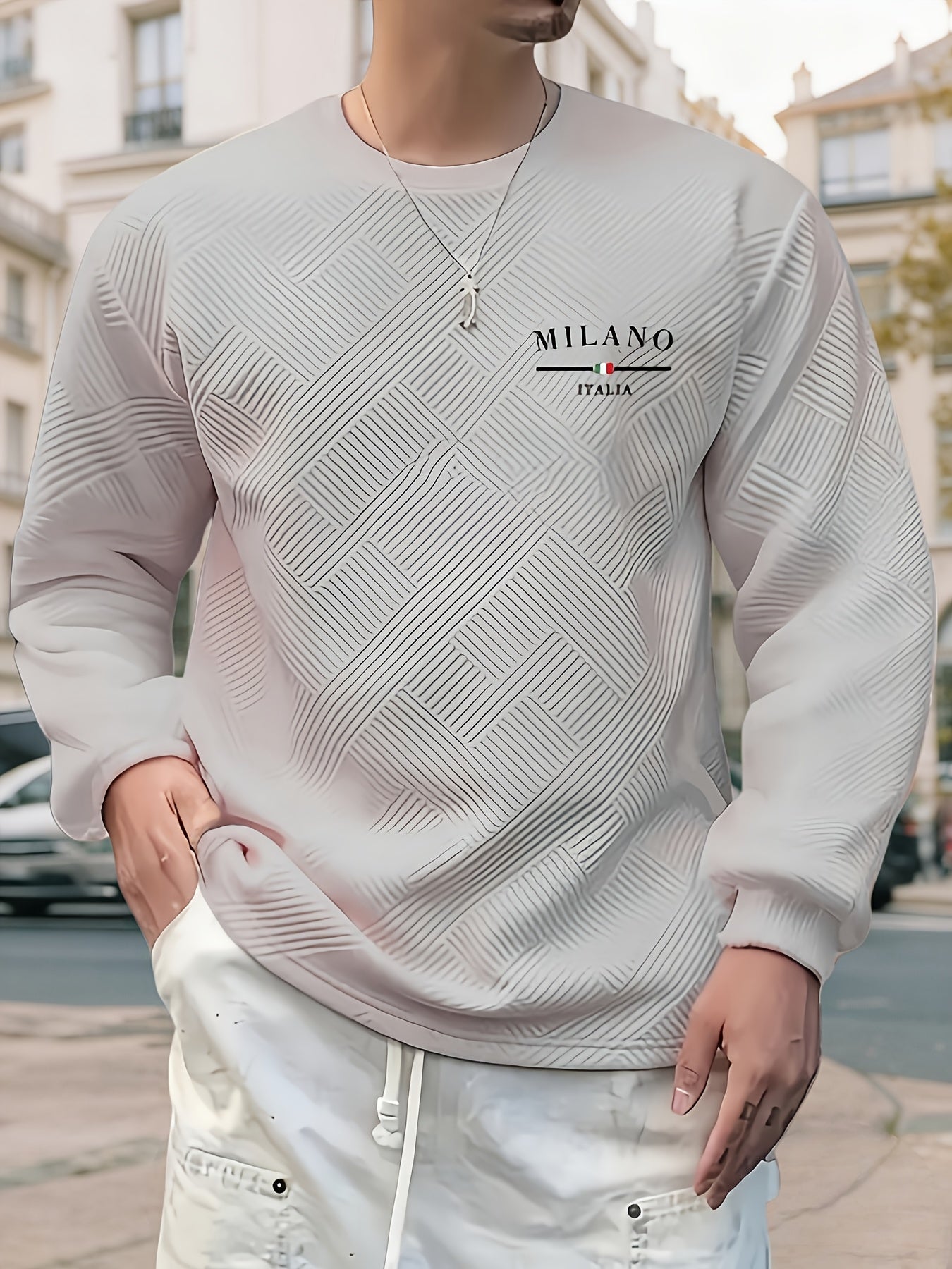 Տղամարդու առօրյա երկար թևքերով, կլոր վզնոցով սվիտեր | Ծանր երկրաչափական նախշերով, սովորական չափսերով, իդեալական է գարուն/աշուն համար