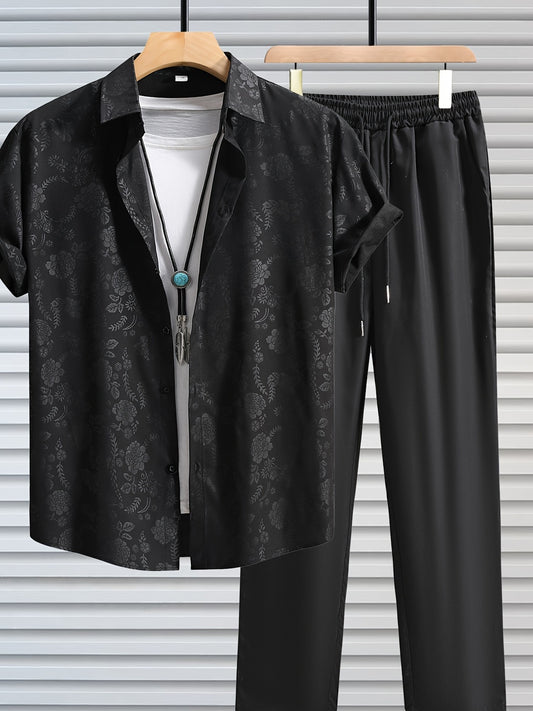 Men's Outfit, Casual Floral Graphic Print Lapel Short Sleeve Button Up Shirt & Drawstring Pants 2-piece Set For Outdoor Activities