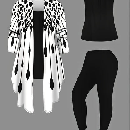 Կանացի առօրյա հագուստի 3 մաս՝ նրբագեղ ընձառյուծի նախշերով կարդիգան, անթև սև մայկա և հարմարավետ լեգինսների հավաքածու՝ պոլիեսթեր/սպանդեքս խառնուրդ, լվացքի մեքենայով լվացվող