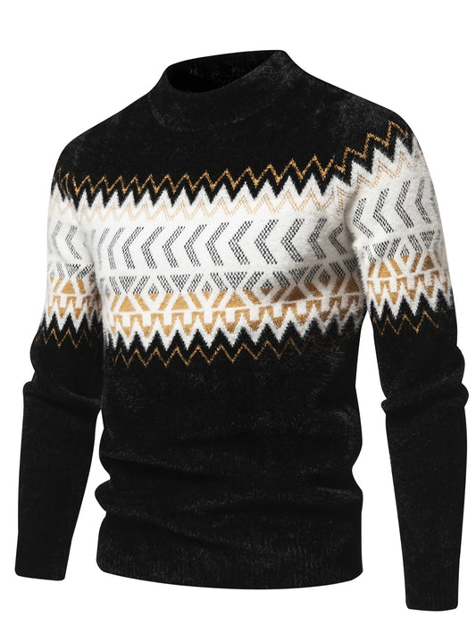 SENMEIGUO Men'S Casual Crew Neck Knit Sweater - Cozy Long Sleeve, Striped Pattern, High Stretch Acrylic Blend for Fall/Winter