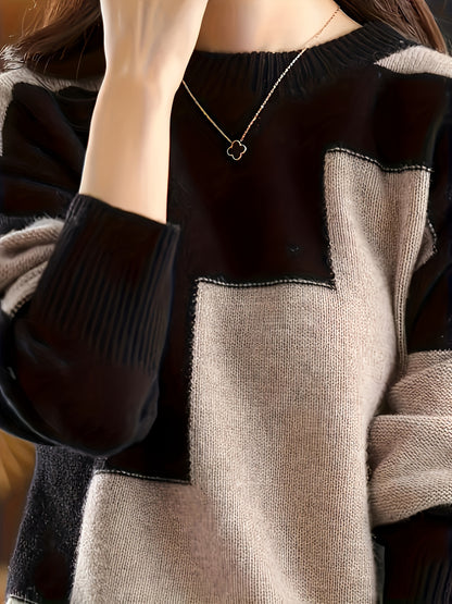 Կանացի պատահական գունավոր բլոկ երկարաթև սվիտեր՝ կլոր պարանոցով, փափուկ վիսկոզայի խառնուրդ, կատարյալ աշնանային և ձմեռային նորաձևության համար, տրիկոտաժե սվիտեր