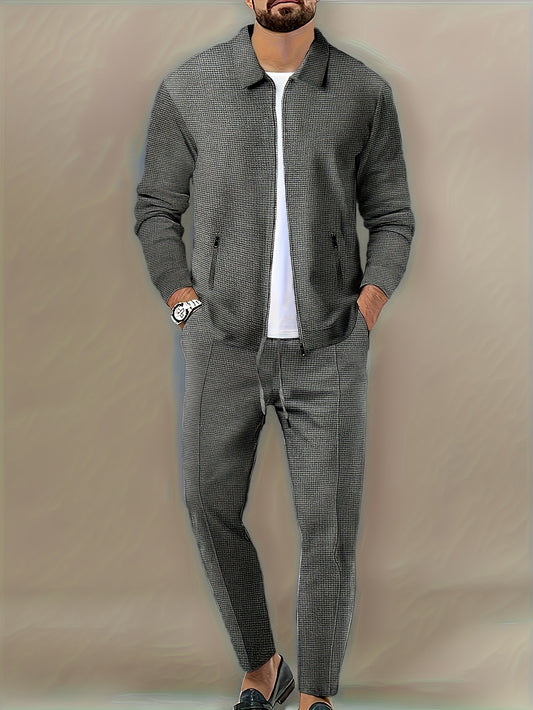 Men'S Casual Polyester Sports Suit Set, Solid Color Knit Fabric, Lapel Collar, Zipper Details, Regular Fit for Outdoor Activities, Running, Hiking, Fishing, Cycling, Basketball - Perfect for Festive Occasions - ayq