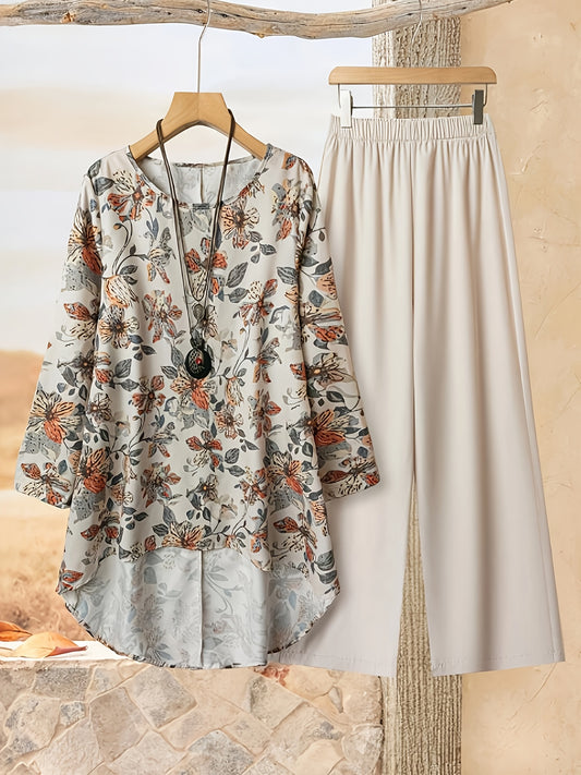 Women's Casual Round Neck Printed Long Sleeve Top and Solid Color Pants Two-Piece Set