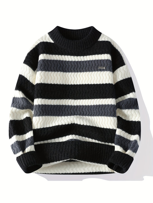 Men'S Thick Warm Sweater - Long Sleeve Round Neck Pullover with Vertical Stripes in Green/ - Cozy Fall/Winter Sweater for Everyday & Formal Outfits, Knit, Winter Clothing, Classic Knitwear, Ribbed Texture, Casual Wear, Stylis