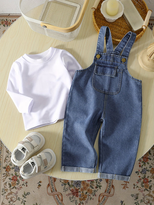 2pcs long-sleeved top for little boys + denim overalls, spring casual two-piece set for baby boys, long-sleeved T-shirt and jeans, suitable for holiday gatherings, children's gifts, and baby's daily outing clothes - Ayq
