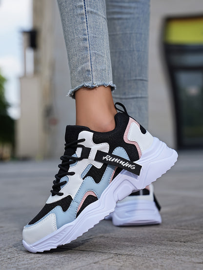 Women's Casual Color Blocking Design Non-slip And Wear Resistant Sneakers, Trendy And Comfortable, Versatile Height Increasing Thick Soled Sports Shoes