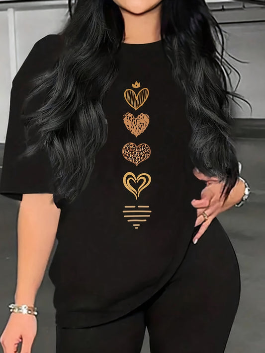 Heart Print Crew Neck T-Shirt, Casual Short Sleeve T-Shirt For Spring & Summer, Women's Clothing