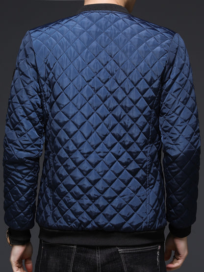 Men's Casual Quilted Zip Up Jacket, Chic Baseball Collar Jacket For Fall Winter