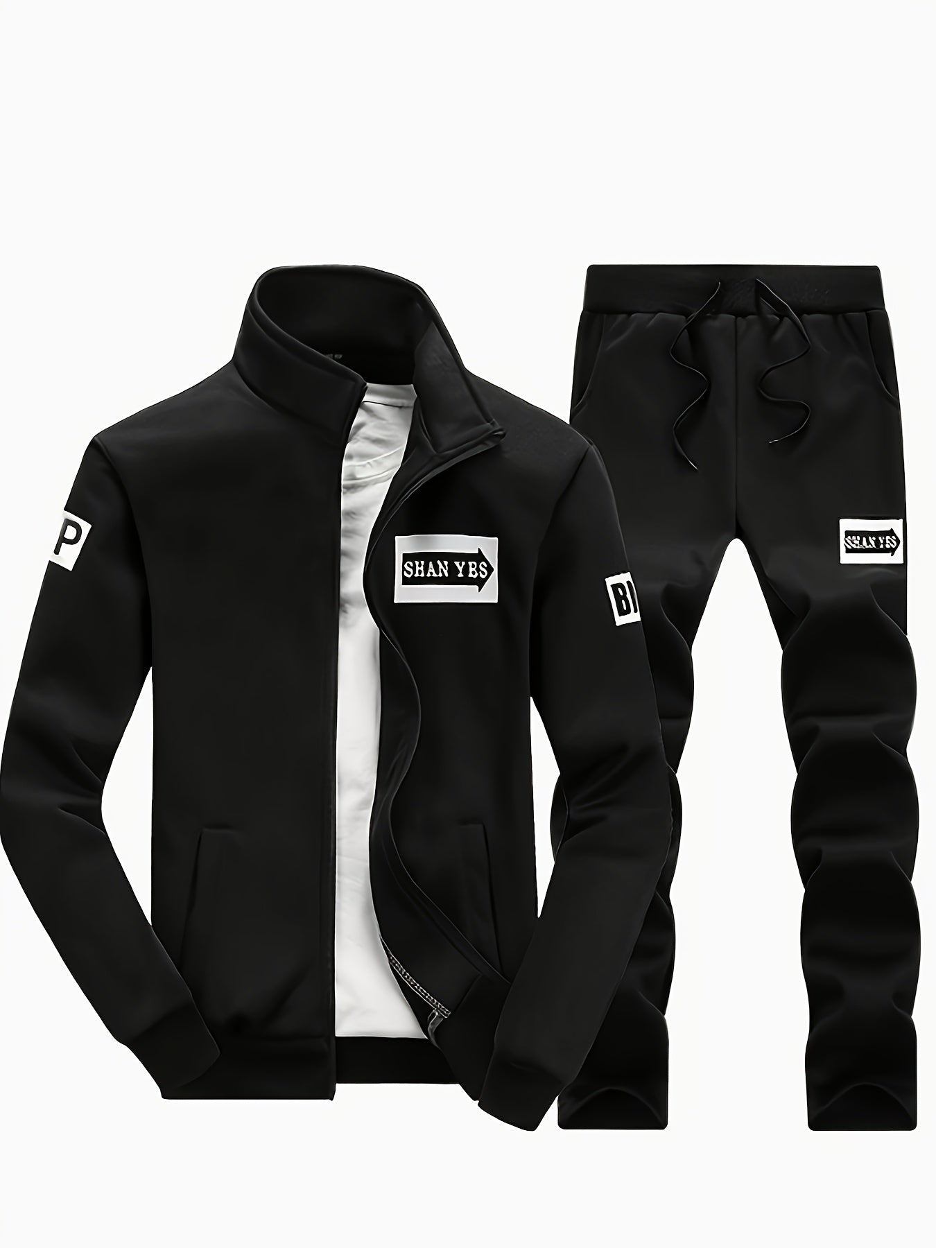 Տղամարդու մուգ կապույտ "Shan Yes" տպագրությամբ սպորտային հագուստ - ճարմանդով բաճկոն և գրպաններով մարզական տաբատ, ստանդարտ ֆիթ, գարնան և աշնան համար, հարմարավետ հանգստի հագուստ, հանգստի բաճկոն | սպորտային բաճկոն | ճարմանդով փակում, անհրաժեշտ բաճկոն