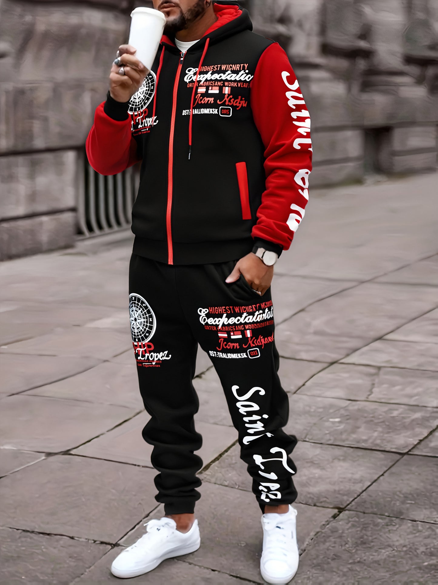 Men'S Bold Print Urban Streetwear Pullover Hoodie & Pants Set - Black & Red with "Saint" Design, Polyester, Long Sleeve, Regular Fit, Spring/Fall Casual Wear, Casual Streetwear Outfit|Bold Print Hoodie|Stretchy Fabric