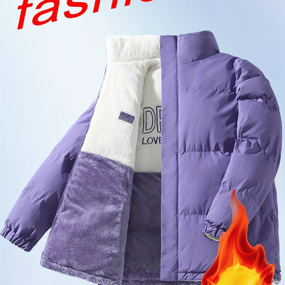 Men'S Double-Sided Fleece-Lined Thickened Jacket - Casual Stand Collar with Letter Print, Regular Fit, Pockets, Polyester Fill, Versatile for Fall/Winter, Winter Jacket