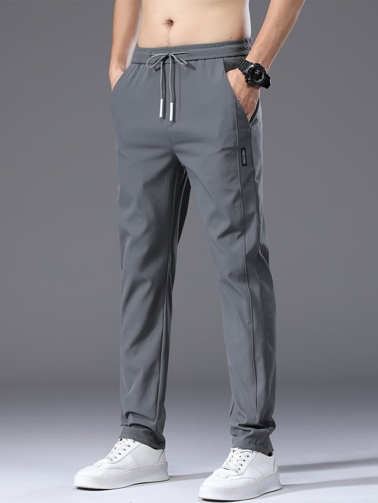 Men's Summer Casual Pants - Lightweight Stretch Nylon, Elastic Drawstring Waist, Straight Fit, Solid Black Trousers for Casual Attire, Adjustable Comfort Pants|Relaxed Look|Glossy Finish