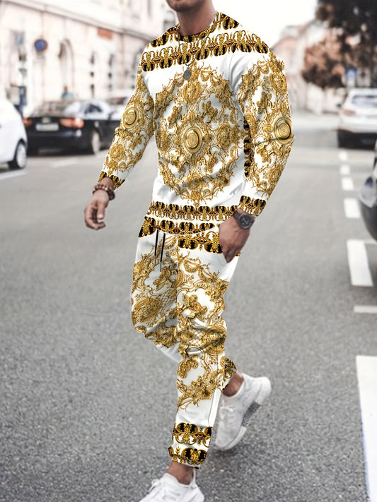 Շքեղ ոսկեգույն բարոկկո նախշերով երկար թևքով շապիկի և տաբատի հավաքածու, գարուն/աշուն պոլիեսթերային մանրաթելից, լիամետրաժ նախշով, կլոր վզնոցով, կանոնավոր չափսով