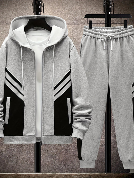 Տղամարդու մարզական բրդյա վերնաշապիկի և վազքի վերնաշապիկի հավաքածու - սպորտային մոխրագույն՝ սև զարդարանքներով, կայծակաճարմանդով բաճկոն և լարերով տաբատ, պոլիեսթեր, լվացքի մեքենայով աշուն/ձմեռ համար