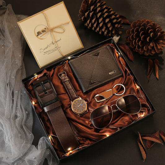 7 հատ տղամարդկանց նվերների հավաքածու՝ նորաձև ակնոցներ, բազմաֆունկցիոնալ դրամապանակ, գործնական ժամացույց, ստեղծագործական բանալիի շղթա, ոճային գոտի, մտածված շնորհավորական բացիկ և LED լույս, ճառագող նրբագեղություն