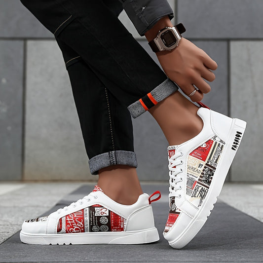Men's Casual Sneakers with Vintage Beverage Label Print - White  Red Accents, Breathable PU Upper  EVA Cushioned Sole, Low-Top Lace-Up Design for All-Season Comfort, Urban Streetwear Style, Comfortable Footwear   Fabric Lin