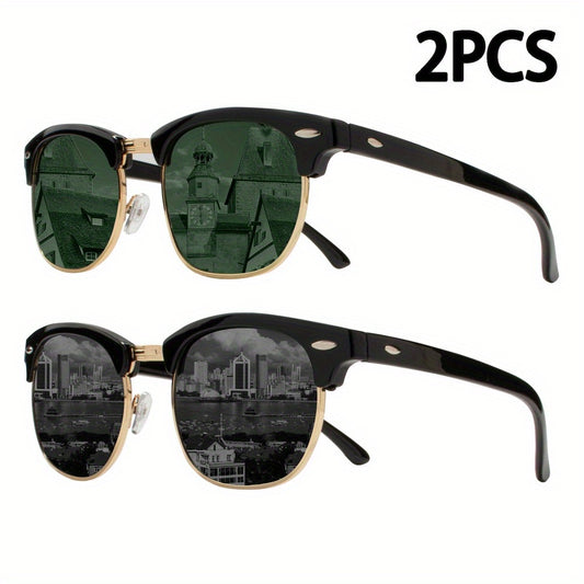 2 հատ ZXRCYYL դիզայներական կիսաօղակաձև նորաձև ակնոց կանանց և տղամարդկանց համար - վինտաժ սև և ոսկեգույն մետաղական շրջանակով, կանաչ երանգով դեկորատիվ ոսպնյակներով, թեթև ռետրո քաղաքային տեսարանով, կիսաօղակաձև նորաձև աքսեսուար, ոճային ակնոց