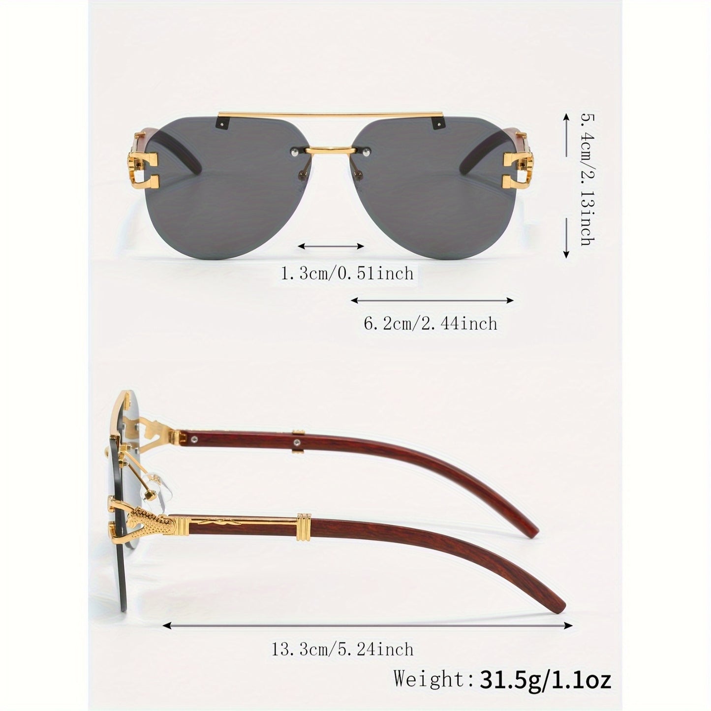 Տղամարդու ոսկեգույն, կրկնակի կամրջակազարդ, առանց շրջանակի օվալաձև ակնոցներ՝ ընձառյուծի զարդարանքով և արհեստական ​​փայտի հյուսվածքով, ոճային ունիսեքս ակնոցներ։