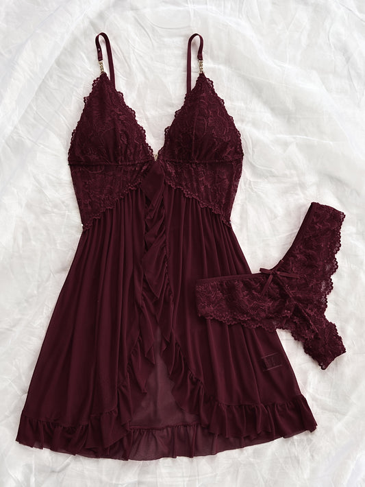 Sexy and Romantic Sleepwear Set, Solid Color Lace Camisole with Matching Panties, V-Neck Design Accentuating Elegant Neckline, Delicate Lace Pattern for Softness. Flared Hem and Ruffled Front Add Graceful Charm, Perfect for a
