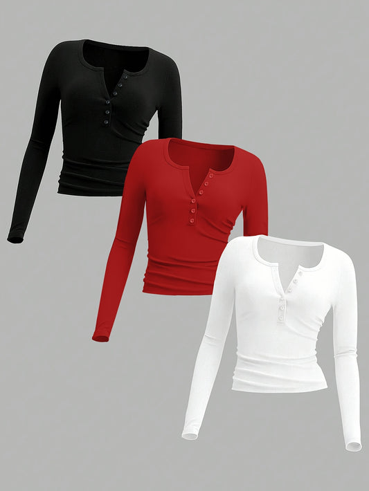 3-Pack Women'S Long Sleeve T-Shirts, Elegant Solid Color Slim Fit Knit Polyester Tops with Square Neck, 95% Polyester 5% Elastane, Regular Length - Spring/Fall Collection - ayq