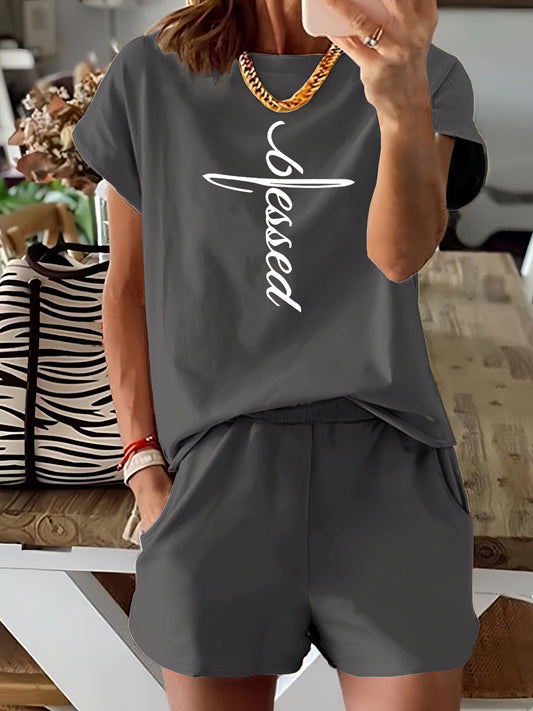 Letter Print Երկու կտոր հավաքածու, կարճաթև շապիկ և շորտեր, կանացի հագուստ
