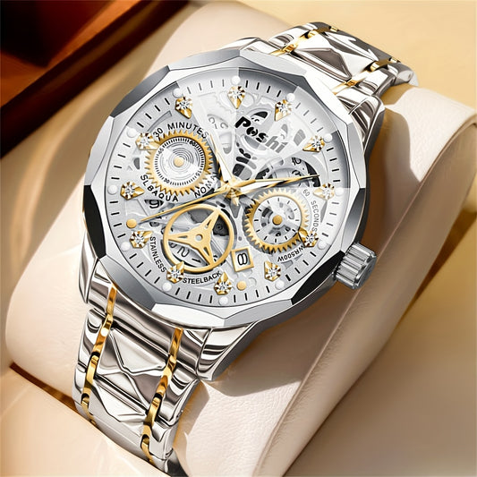 POSHI տղամարդկանց շքեղ ոսկեգույն քվարցե ժամացույց՝ արհեստական ​​քարերով զարդարված, լուսարձակող ջրակայուն դիզայնով, օրացույցի գործառույթով և ոճային վեցանկյուն սլաքներով - կատարյալ գործնական նվեր տղամարդկանց համար, պաշտոնական ժամացույց