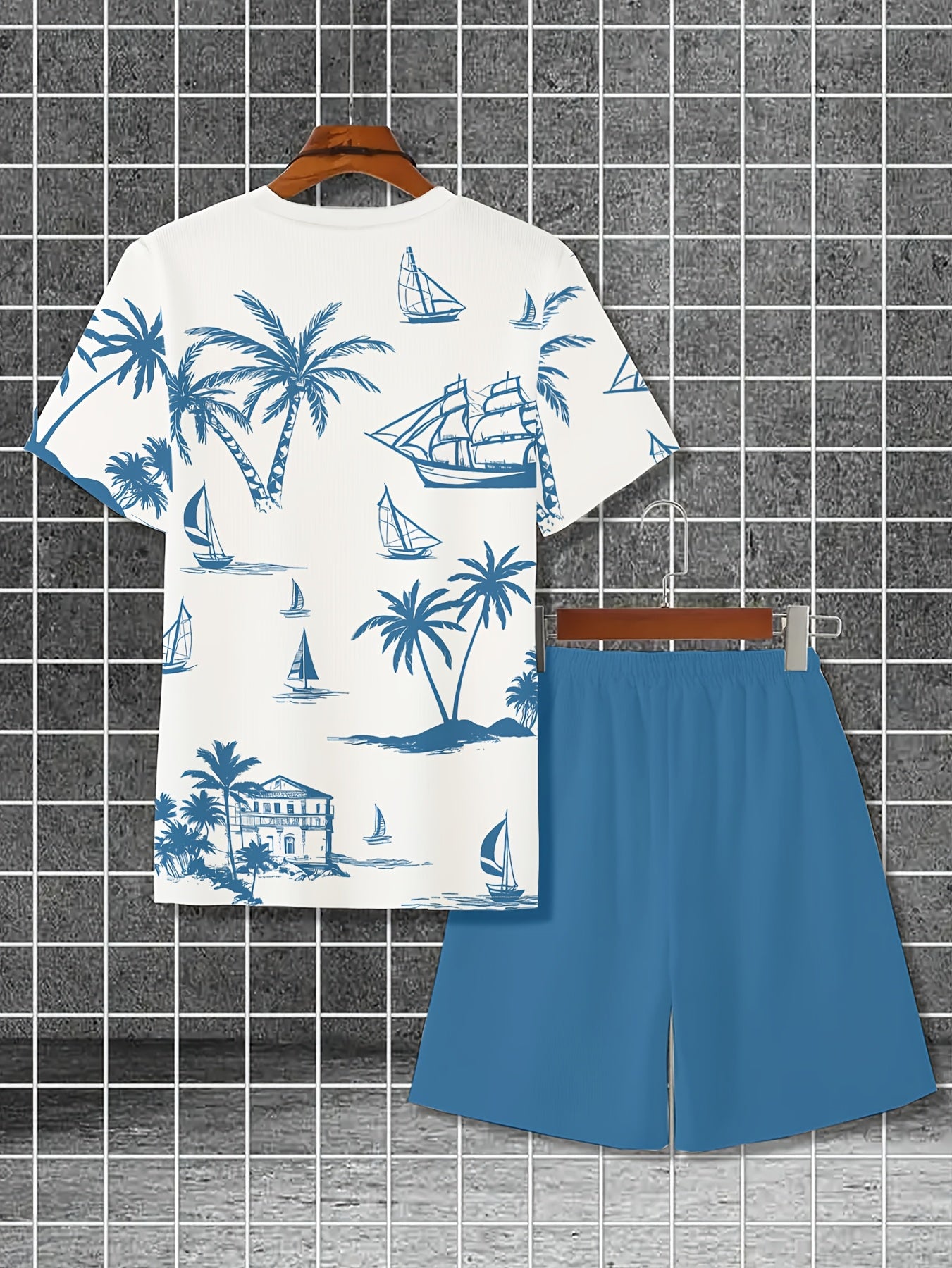 Men'S 2pcs Summer Outfit Set - Coconut & Yacht Print, Crew Neck, Knit Polyester 100%, Slight Stretch, Regular Fit, Casual Weekend Wear, 180gsm - Daily & Leisure Style