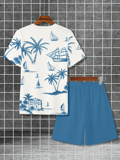 Men'S 2pcs Summer Outfit Set - Coconut & Yacht Print, Crew Neck, Knit Polyester 100%, Slight Stretch, Regular Fit, Casual Weekend Wear, 180gsm - Daily & Leisure Style