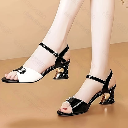 Women'S Fashion Solid Color Mid Heel Block Heel Open Toe Buckle Sandals, PU Upper, PU Insole, Rubber Sole, Hand Wash, for Women