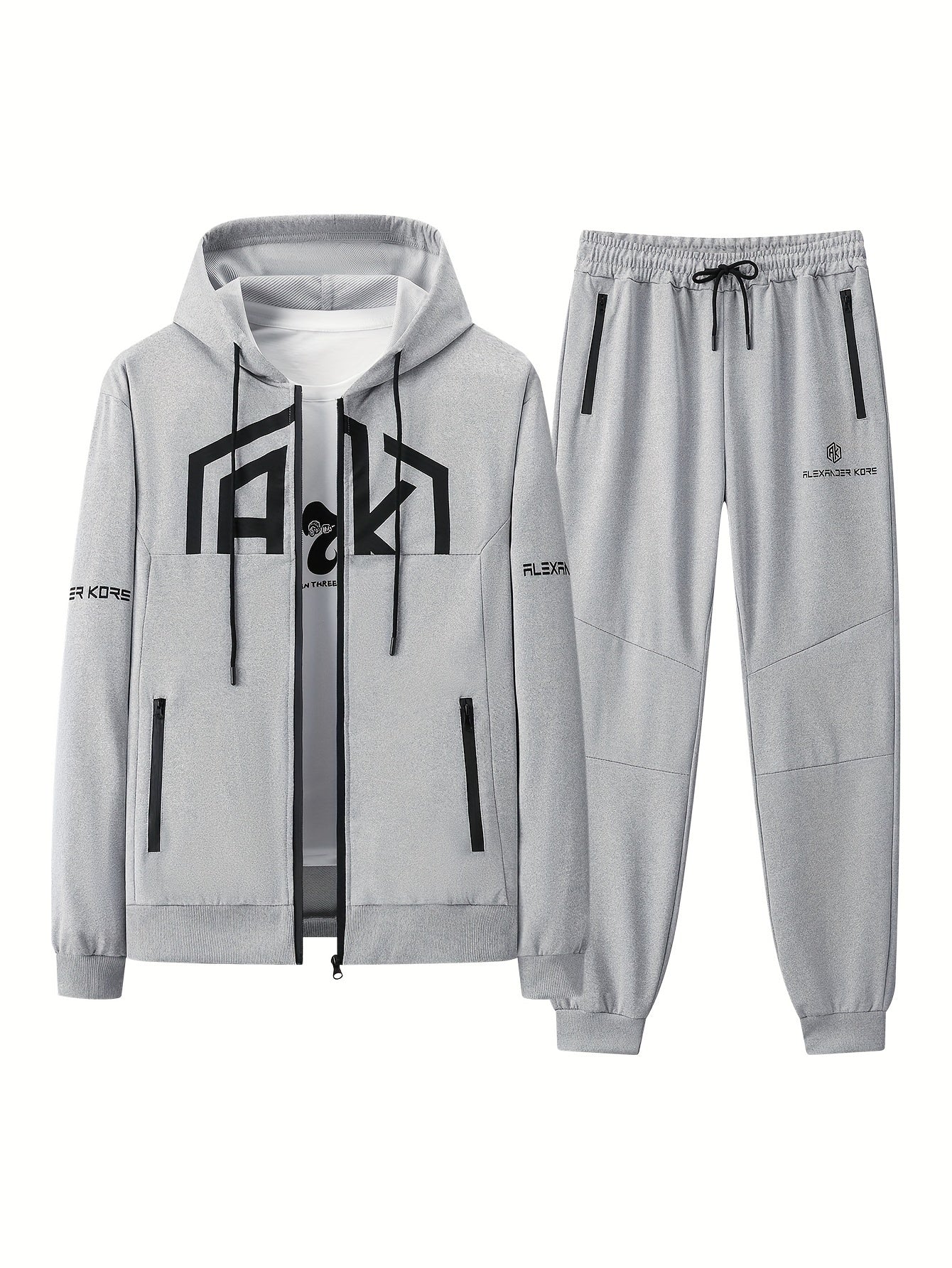 Տղամարդու AK տառերով տպագրությամբ երկար թևքերով վերնաշապիկ՝ կայծակաճարմանդով և երկար տաբատով, երկկտոր հավաքածու, թեթևակի ձգվող հարմարավետ հագուստ գարնան և աշնան համար