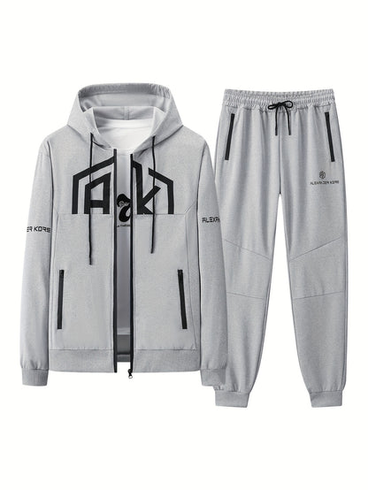 Տղամարդու AK տառերով տպագրությամբ երկար թևքերով վերնաշապիկ՝ կայծակաճարմանդով և երկար տաբատով, երկկտոր հավաքածու, թեթևակի ձգվող հարմարավետ հագուստ գարնան և աշնան համար