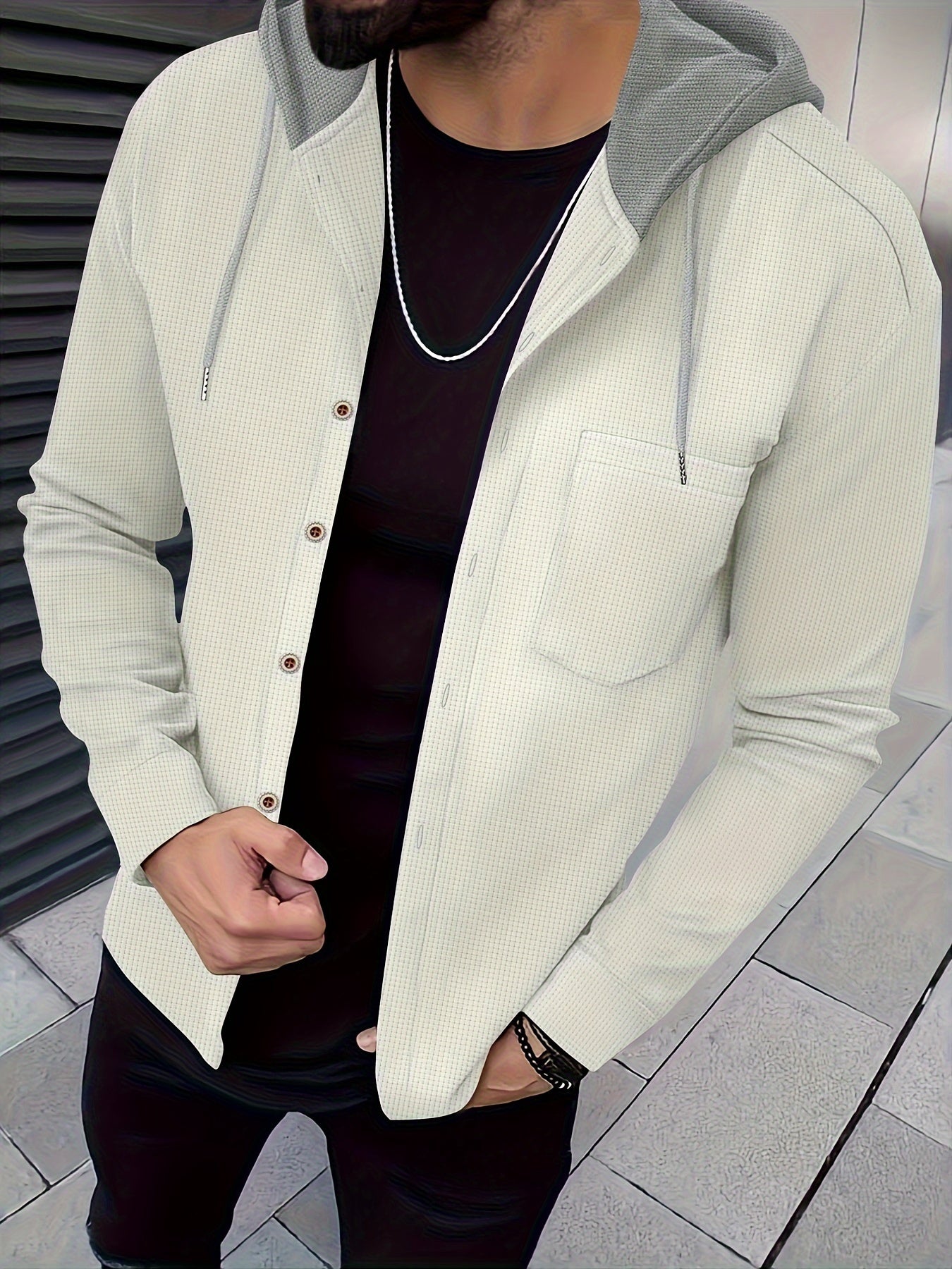 Տղամարդու առօրյա գլխարկով բաճկոն - փափուկ, շնչող պոլիեսթերից՝ կոճակներով դիզայնով և գրպաններով | Հիանալի է գարնանային, աշնանային և բացօթյա գործունեության համար, երկար թևքերով, նորաձև, ամենօրյա, հանգստի ոճով, ավանդական տարբերակով